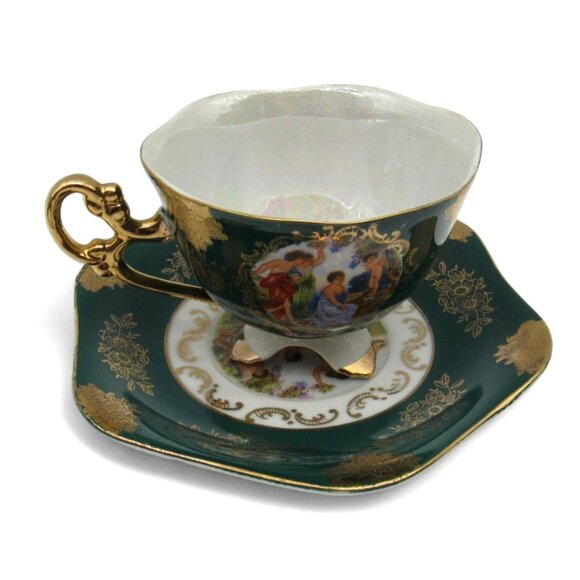 SHAFFORD Footed Tea Cup And Saucer With Victorian Scene Japan Vintage - Picture 12 of 12
